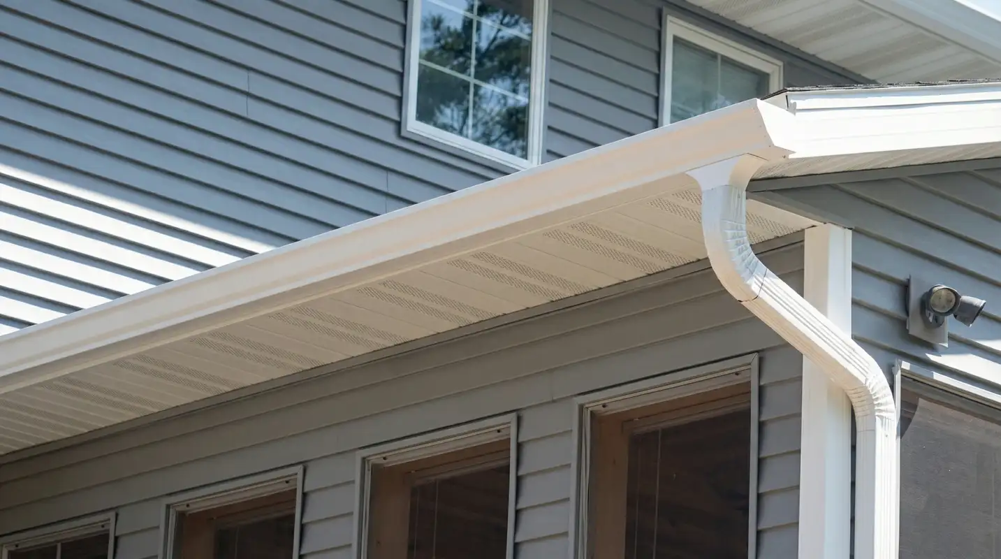 Professional home remodeling project showing newly installed white seamless gutters and downspouts on a house with gray siding in Erie, PA