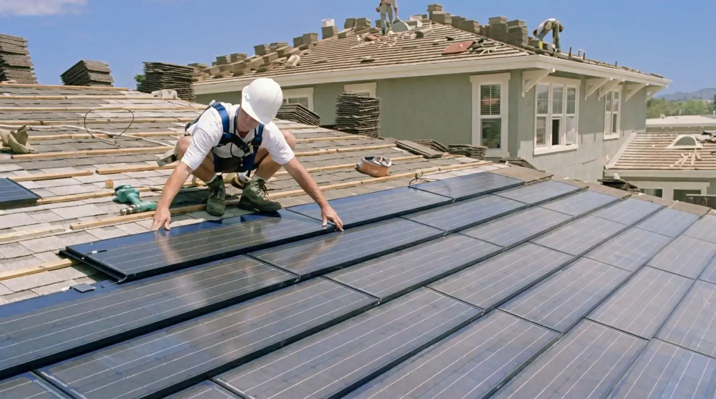 Roof replacement expert installing modern solar shingles on a residential home in Erie, PA