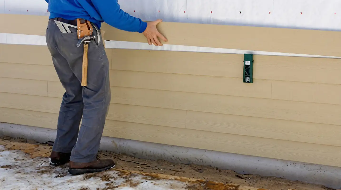 Siding replacement expert carefully aligning a new tan siding panel onto a residential exterior wall in Erie, PA