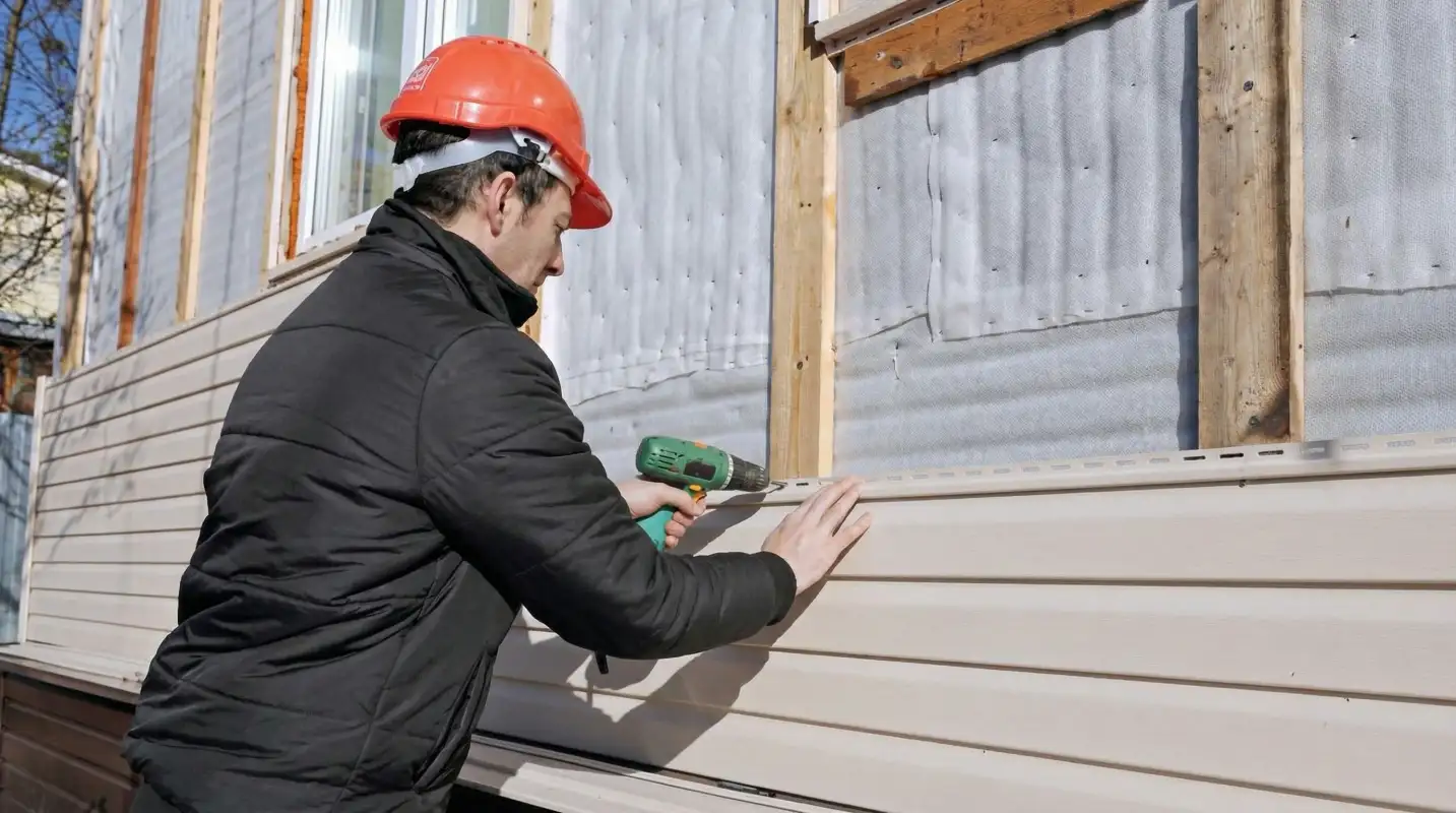 Siding replacement professional using a power drill to install new tan vinyl siding on a home exterior in Erie, PA