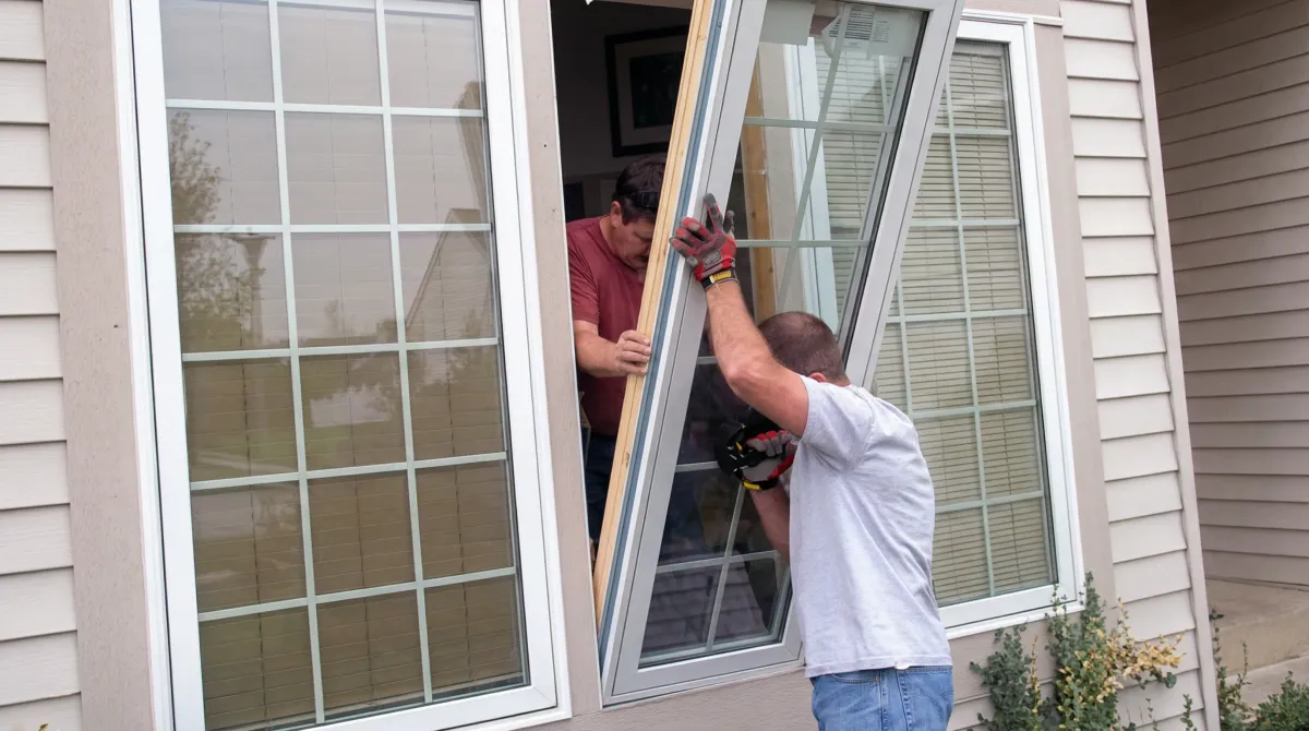 Professional home remodeling team installing a large replacement window on a house with tan siding in Erie, PA