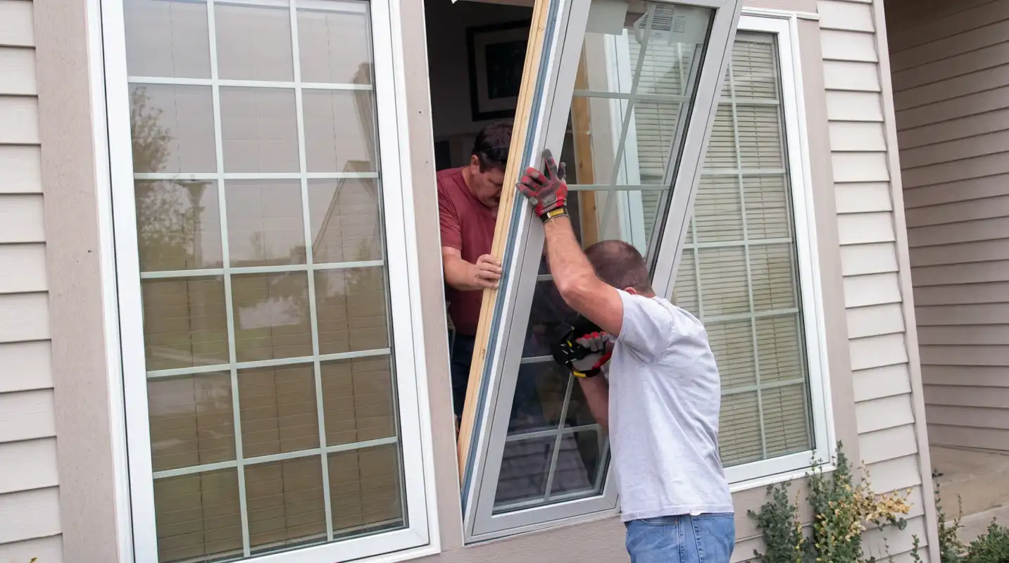 Professional home remodeling team installing a large replacement window on a house with tan siding in Erie, PA